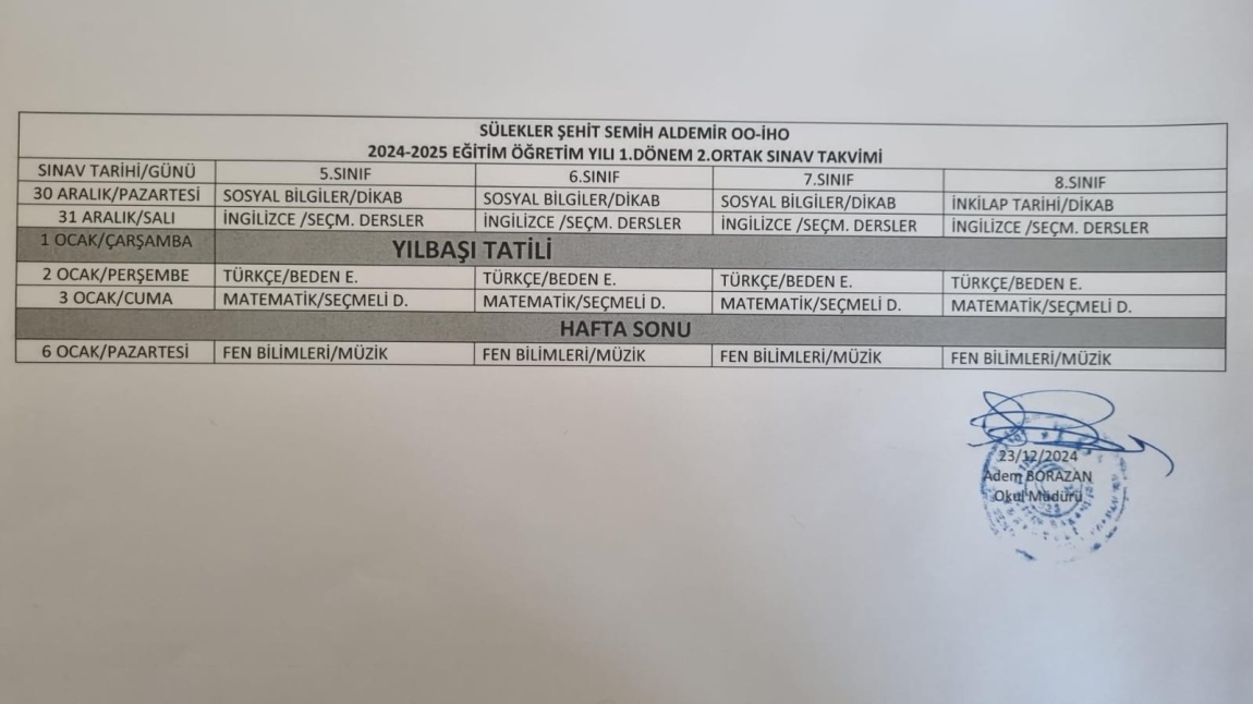 2024-2025 Eğitim-Öğretim Yılı 1. Dönem 2. Ortak Sınav Takvimi Yayınlanmıştır. 